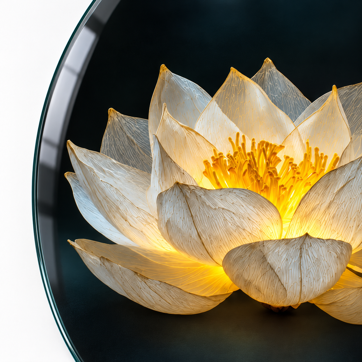Işıklı Beyaz Lotus Dikey Oval Cam Tablo – UV baskı