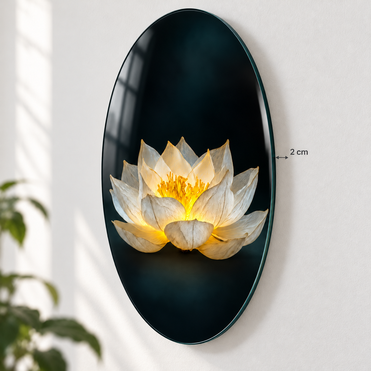 Işıklı Beyaz Lotus Dikey Oval Cam Tablo – Duvar mesafesi