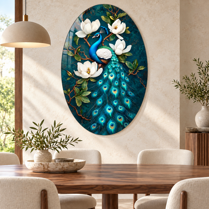Beyaz Manolyalı Tavus Kuşu Dikey Oval Cam Tablo – Görsel 3