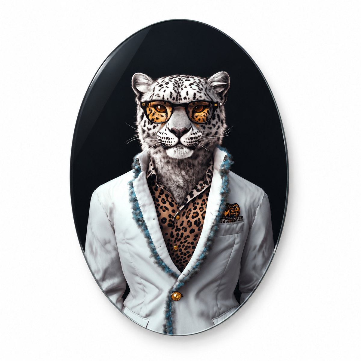 Gözlüklü Kar Leoparı Dikey Oval Cam Tablo – Görsel 1