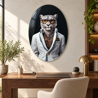 Gözlüklü Kar Leoparı Dikey Oval Cam Tablo – Görsel 10