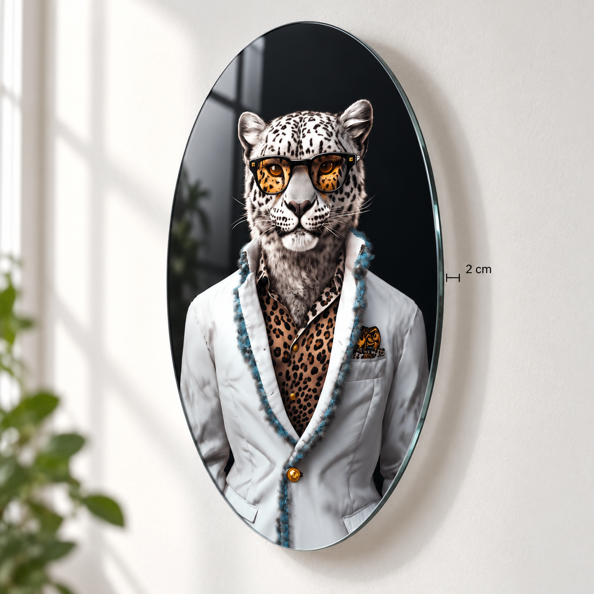 Gözlüklü Kar Leoparı Dikey Oval Cam Tablo – Görsel 6