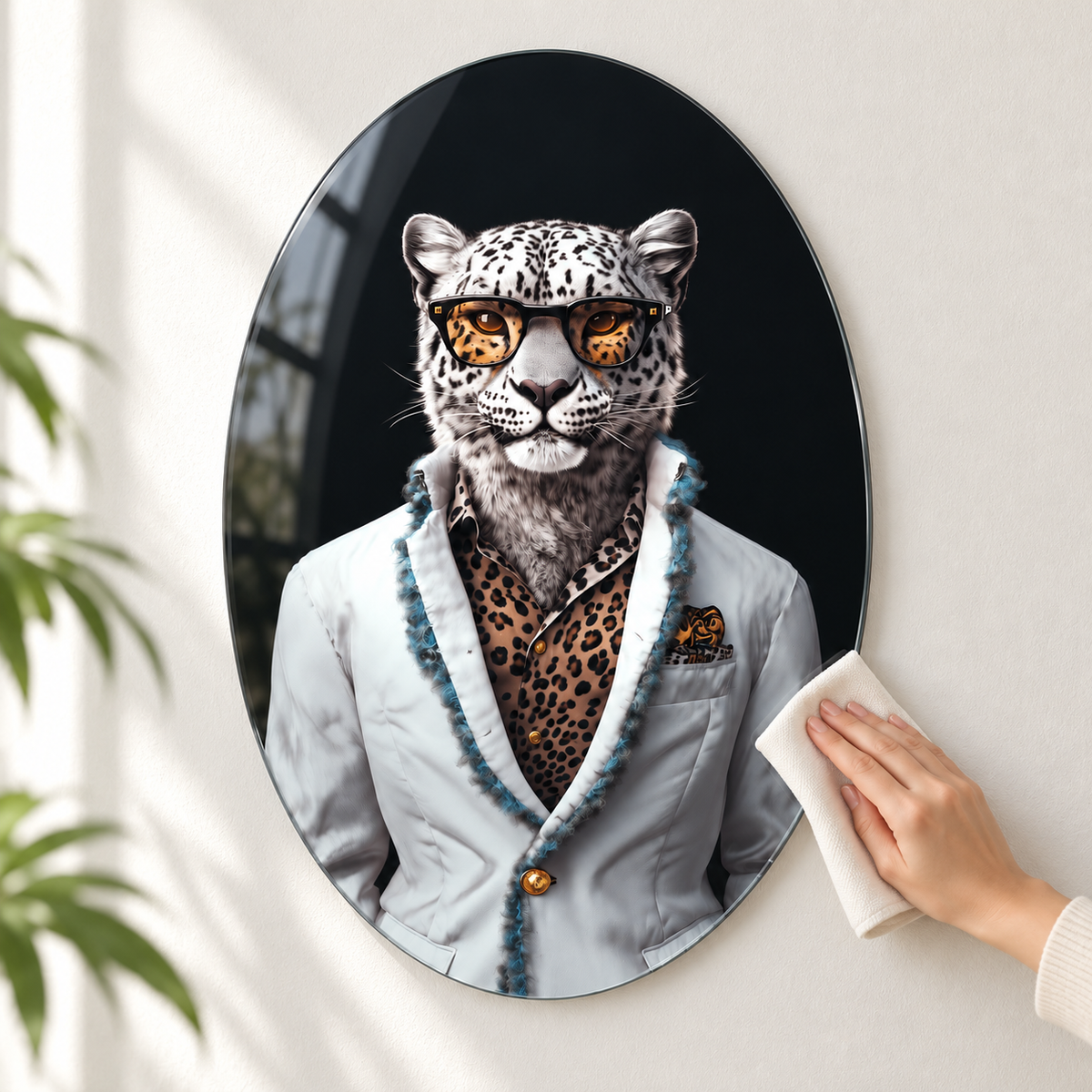 Gözlüklü Kar Leoparı Dikey Oval Cam Tablo – Görsel 9