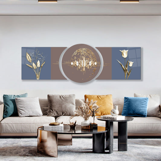 Gold Çiçekler Özel Kesim Şekilli Kırılmaz Temperli Cam Tablo Seti