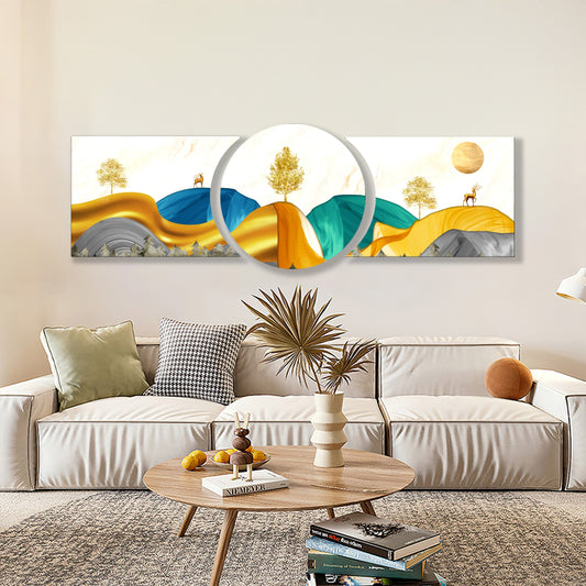 Altın Dağlar ve Geyik Serisi Özel Kesim Şekilli Kırılmaz Temperli Cam Tablo Seti