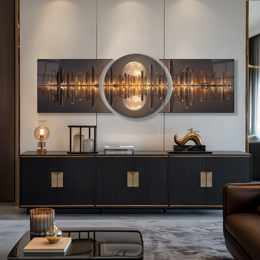 Şehir Manzarası Özel Kesim Şekilli Kırılmaz Temperli Cam Tablo Seti