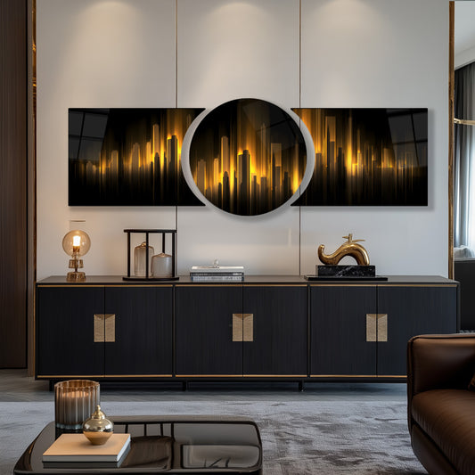 Gold Şehir Manzarası Özel Kesim Şekilli Kırılmaz Temperli Cam Tablo Seti