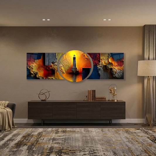 Soyut Deniz Feneri Özel Kesim Şekilli Kırılmaz Temperli Cam Tablo Seti