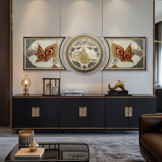 Antik Osmanlı Tuğrası ve Besmele Özel Kesim Şekilli Kırılmaz Temperli Cam Tablo Seti