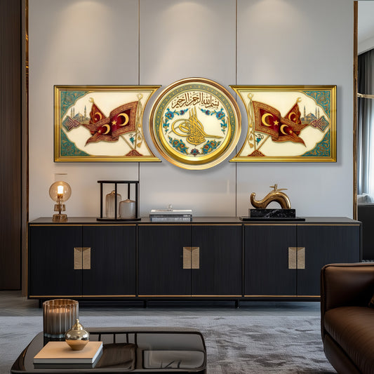 Antik Osmanlı Tuğrası ve Besmele Özel Kesim Şekilli Kırılmaz Temperli Cam Tablo Seti