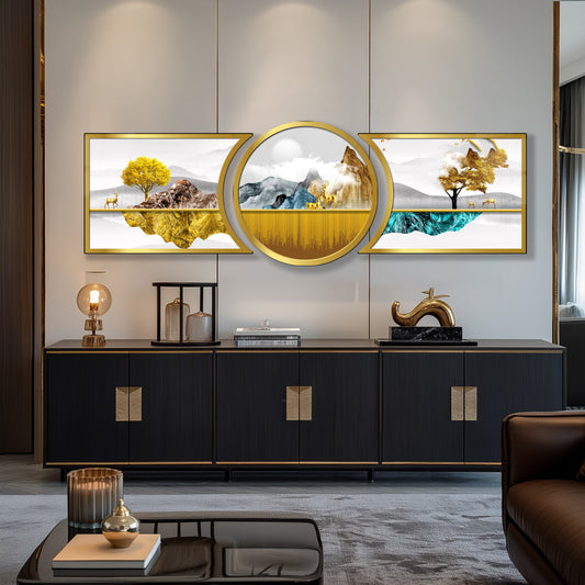 Gold Dağlar ve Mistik Doğa Serisi Özel Kesim Şekilli Kırılmaz Temperli Cam Tablo Seti