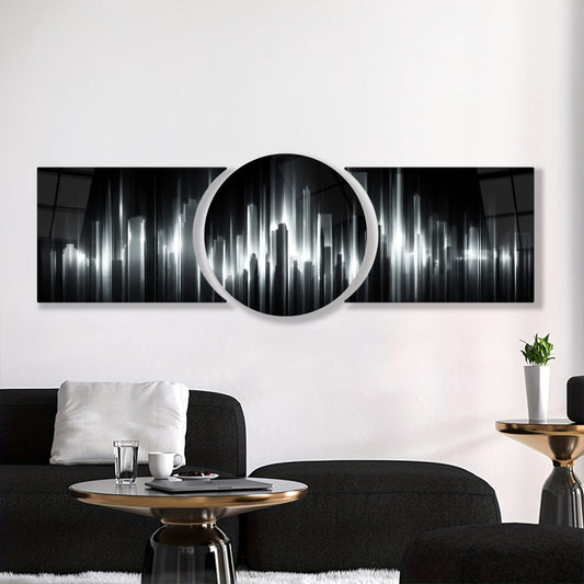 Gümüş Fütüristik Şehir Silüeti Özel Kesim Şekilli Kırılmaz Temperli Cam Tablo Seti