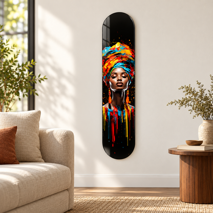 Renkli Başörtülü Kadın Dikey Skate Board Cam Tablo – Salonda görünüm