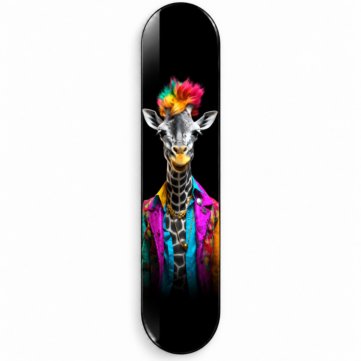 Renkli Ceketli Zürafa Dikey Skate Board Cam Tablo – Beyaz fonda ön görünüm