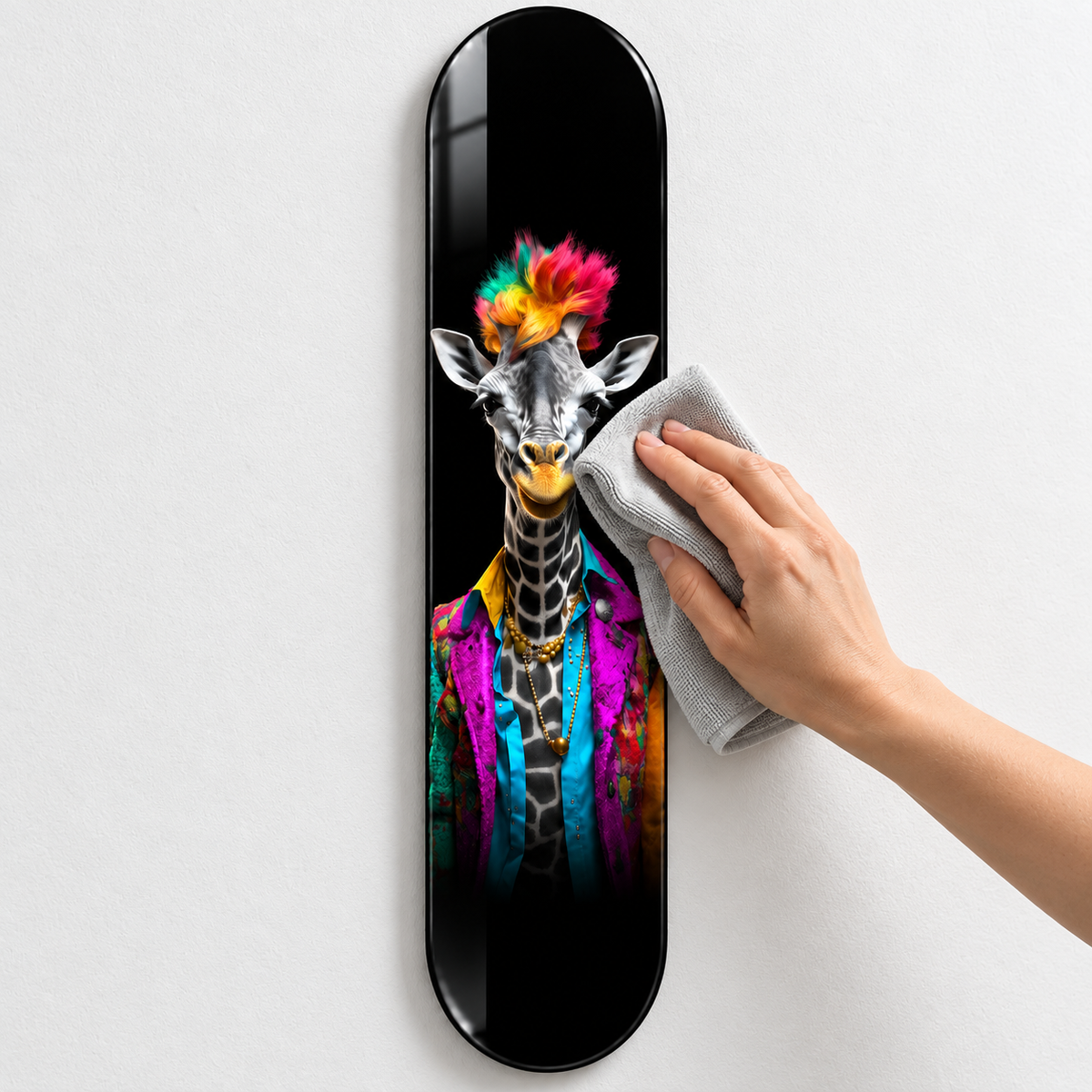 Renkli Ceketli Zürafa Dikey Skate Board Cam Tablo – Mikrofiber bezle bakım
