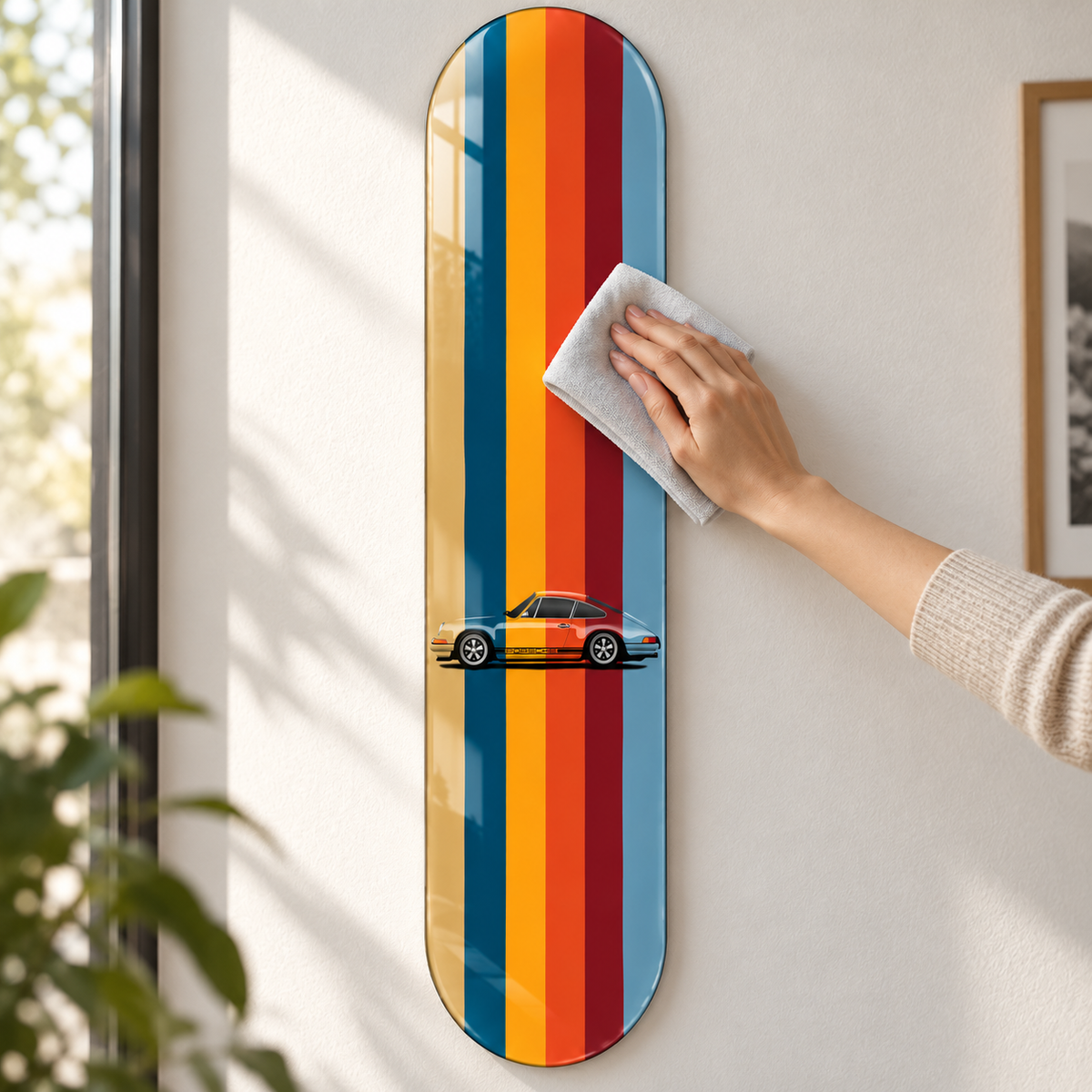 Renkli Şeritler Üzerinde Klasik Spor Otomobil Dikey Skate Board Cam Tablo – Temizlik