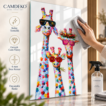 Renkli Zürafa Ailesi Dikey Cam Tablo kolay temizlik ve gerçek cam yüzey detayı