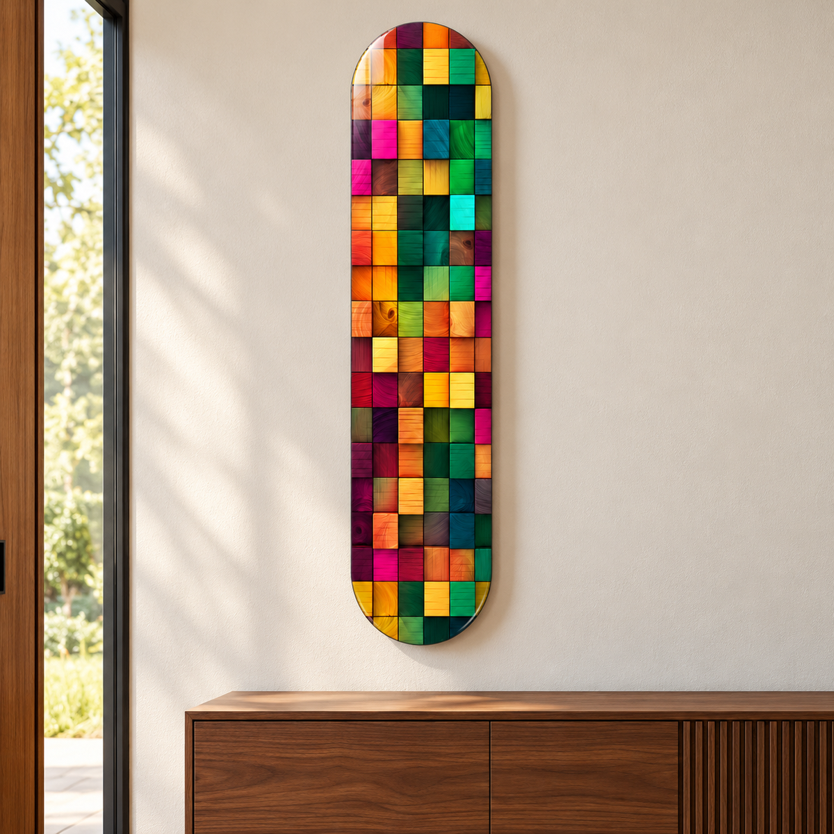 Renkli Ahşap Mozaik Dikey Skate Board Cam Tablo – Antrede görünüm