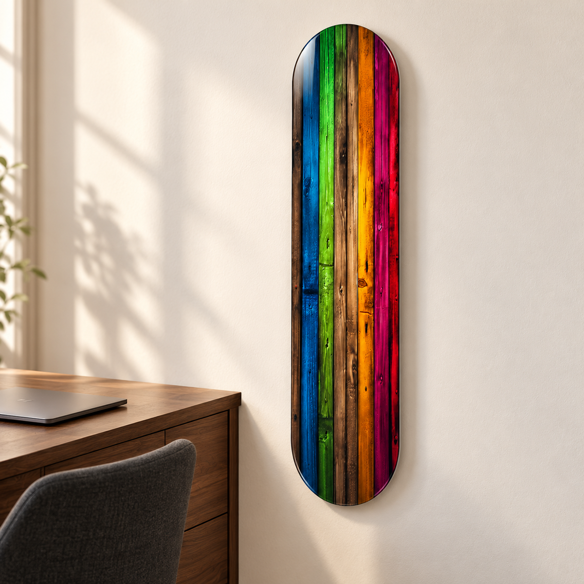 Renkli Ahşap Şeritler Dikey Skate Board Cam Tablo – Çalışma odasında görünüm