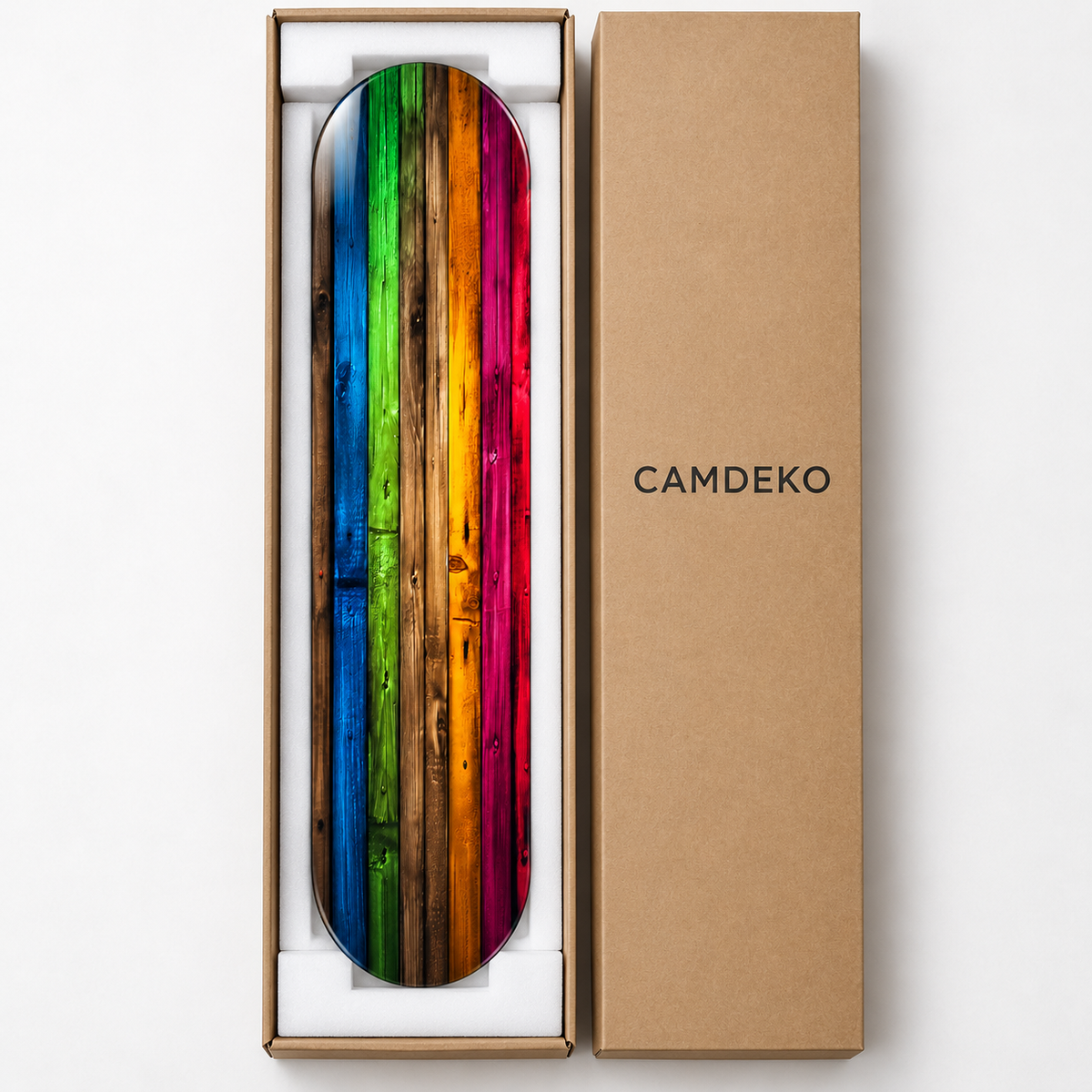 Renkli Ahşap Şeritler Dikey Skate Board Cam Tablo – CAMDEKO ambalajı