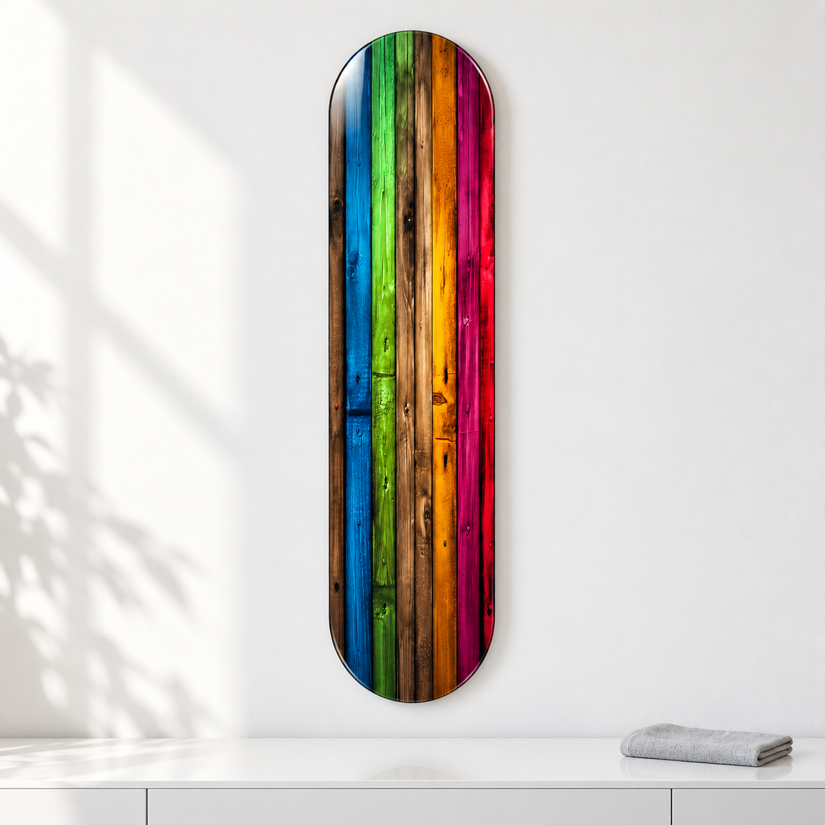 Renkli Ahşap Şeritler Dikey Skate Board Cam Tablo – Mikrofiber bezle bakım