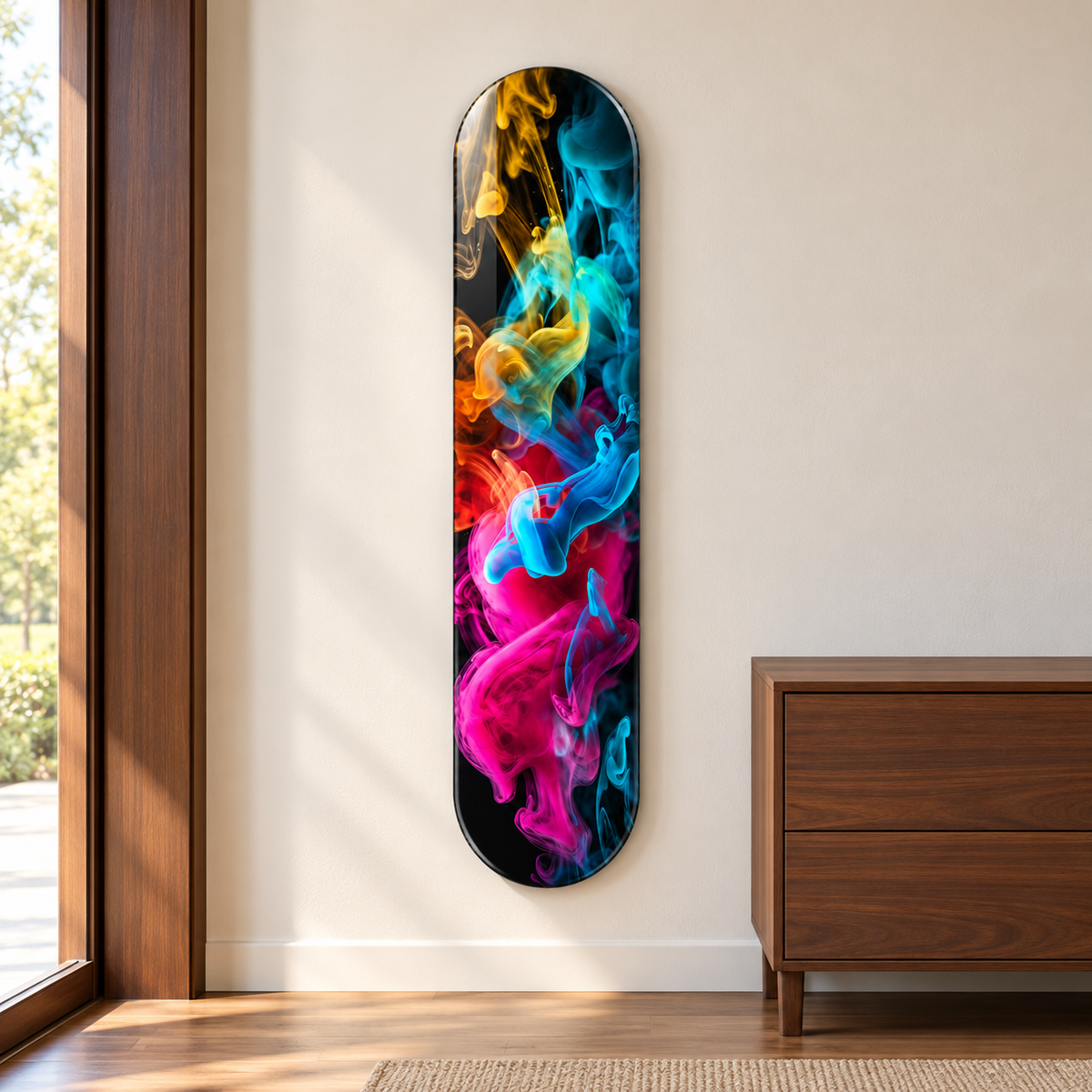 Renkli Duman Dikey Skate Board Cam Tablo – Antrede görünüm