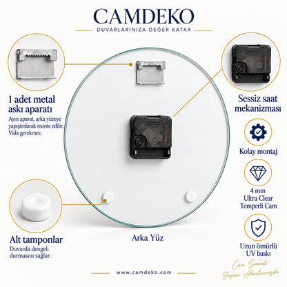 CAMDEKO onaylı standart saat arka detayı: yapıştırmalı geniş tabanlı metal askı, sessiz mekanizma ve iki beyaz tampon
