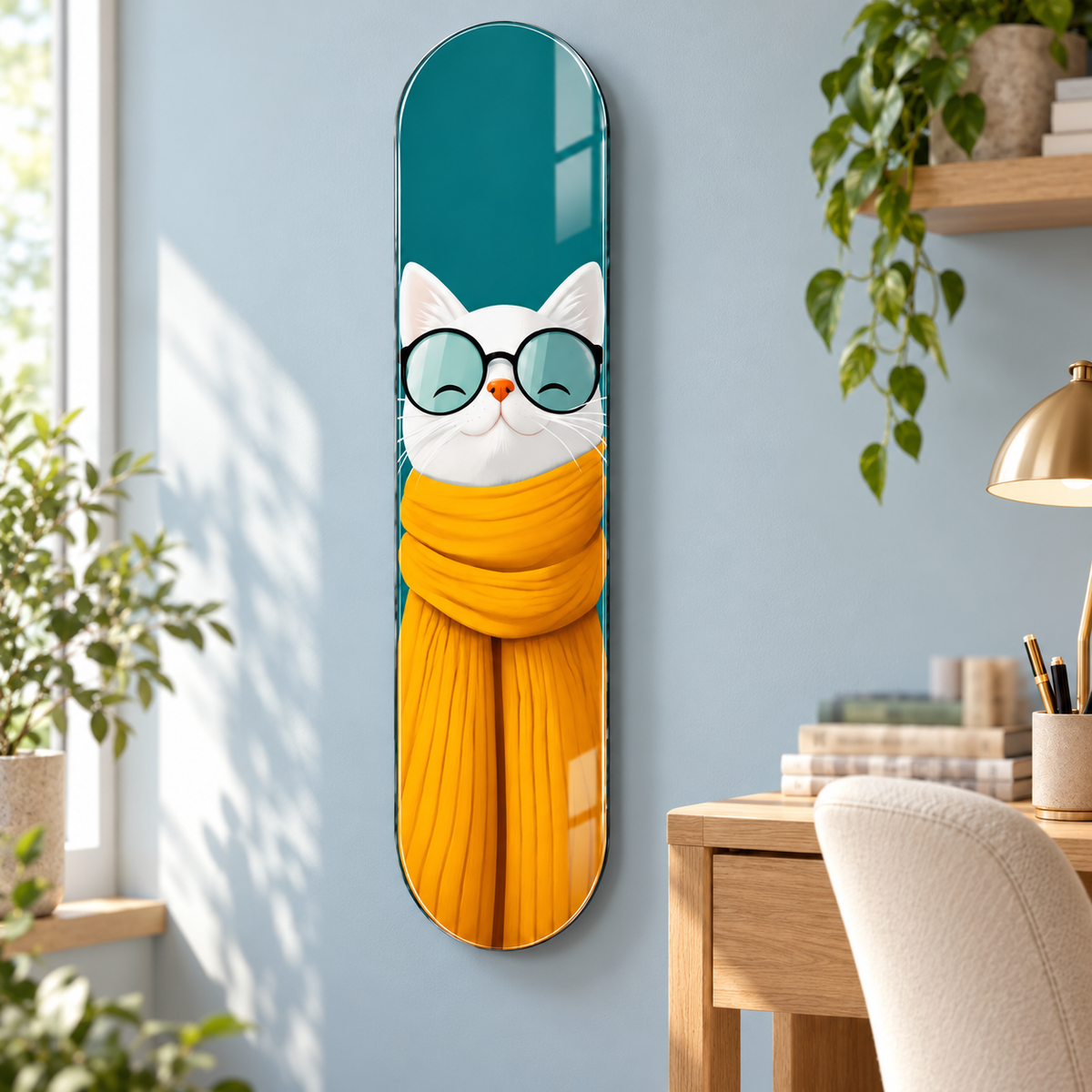 Turkuaz zeminde sarı atkılı gözlüklü beyaz kedi dikey skateboard cam tablo - çalışma odası