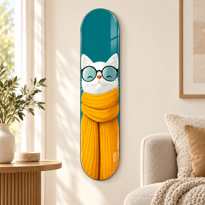 Turkuaz zeminde sarı atkılı gözlüklü beyaz kedi dikey skateboard cam tablo - salon dekorasyonu