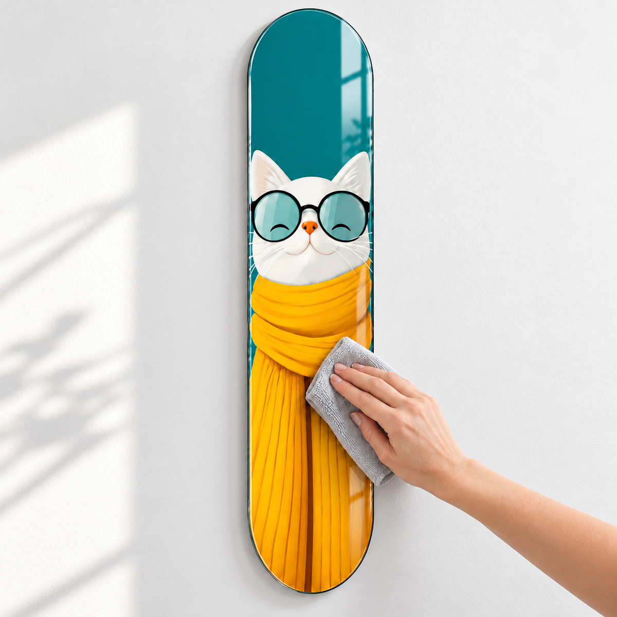 Turkuaz zeminde sarı atkılı gözlüklü beyaz kedi dikey skateboard cam tablo - mikrofiber bezle temizlik