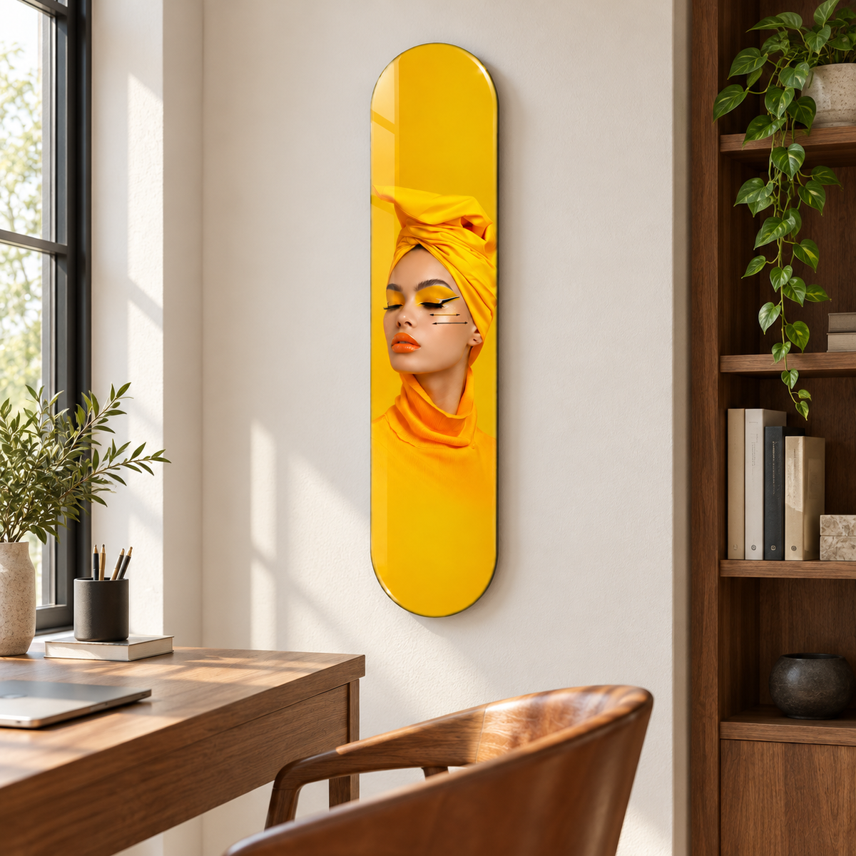 Sarı Başörtülü Kadın Dikey Skate Board Cam Tablo – Çalışma odasında görünüm