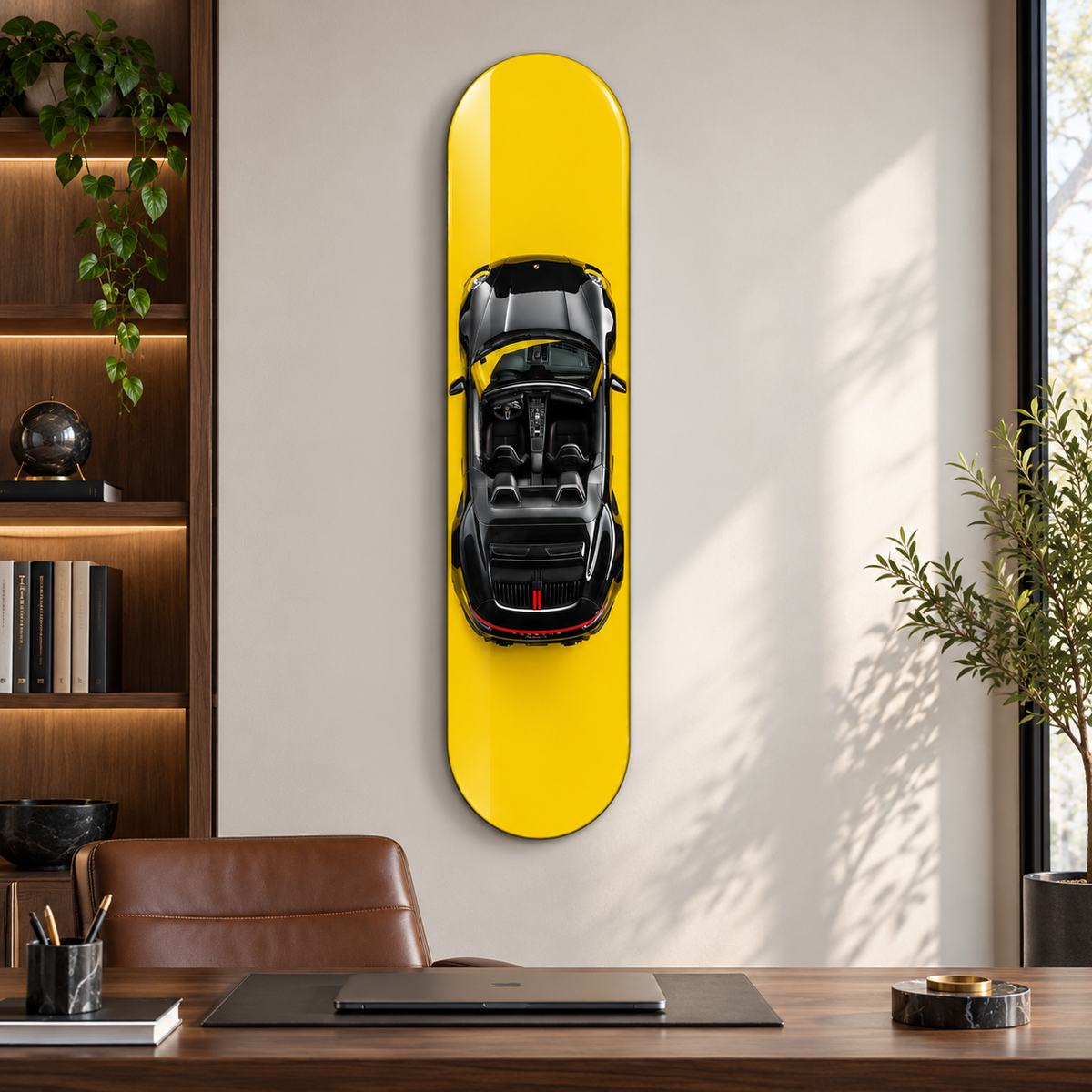Sarı Zeminde Siyah Spor Cabrio Dikey Skate Board Cam Tablo – Çalışma odası