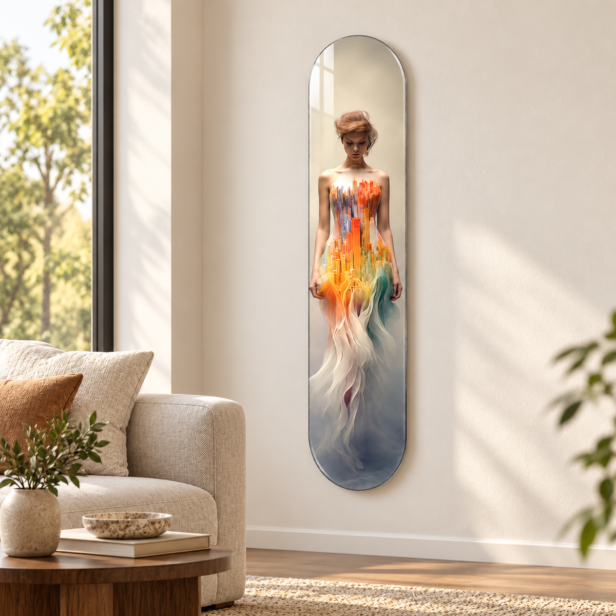 Şehir Silüetli Elbise Dikey Skate Board Cam Tablo – Salonda görünüm