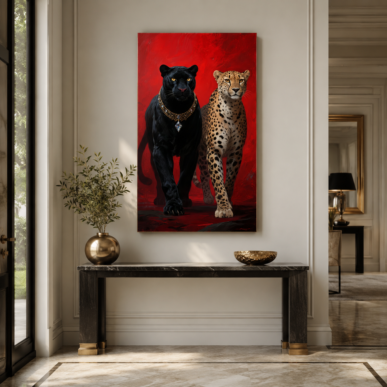 Siyah panter ve leopar dikey cam tablo zarif antre mockup