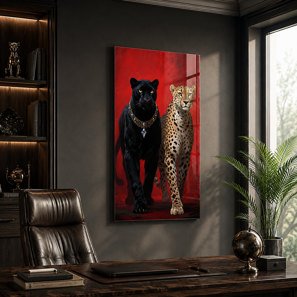 Siyah panter ve leopar dikey cam tablo premium ofis mockup