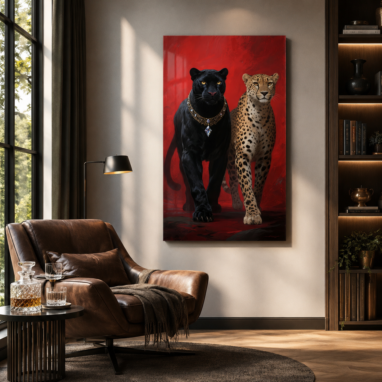 Siyah panter ve leopar dikey cam tablo modern okuma köşesi mockup