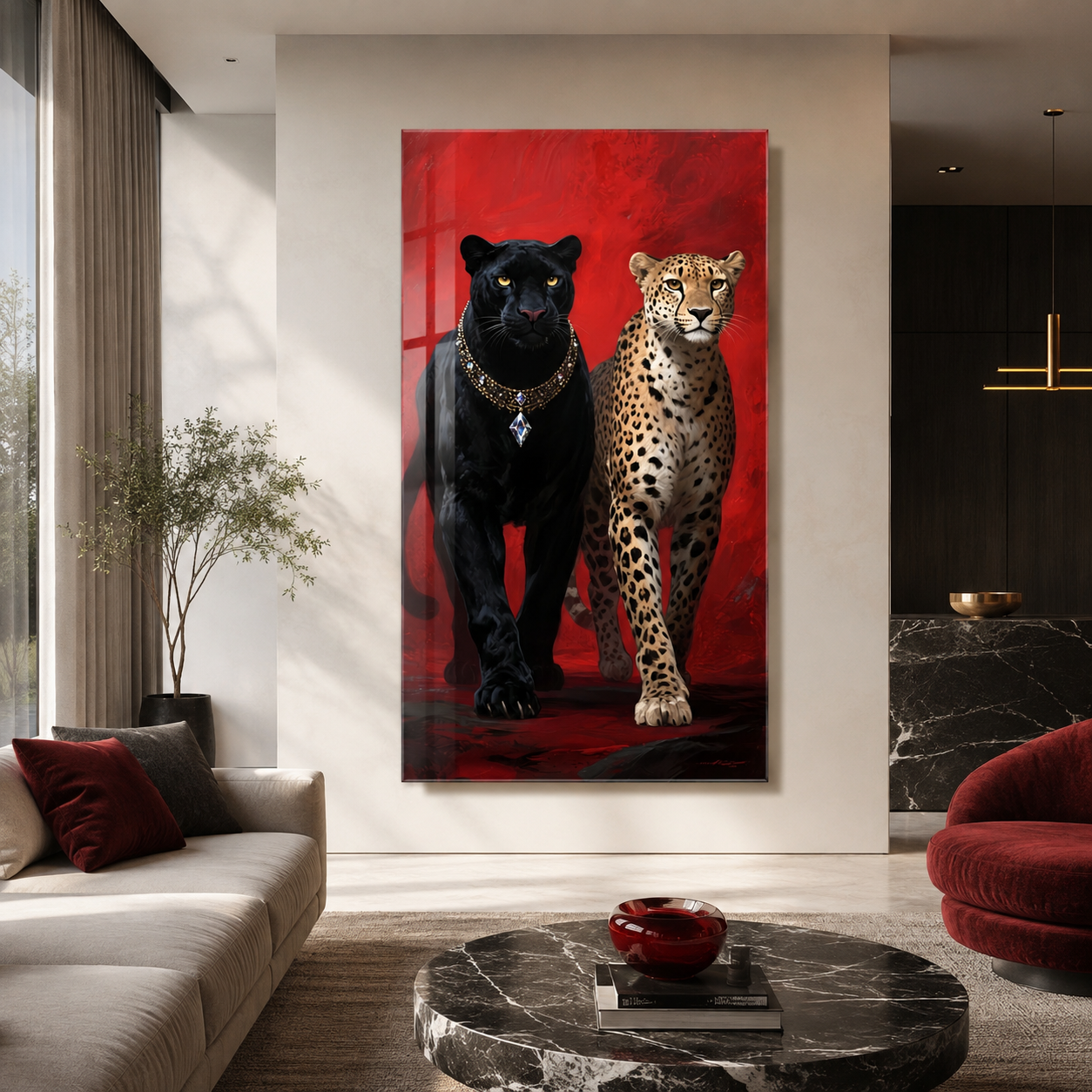 Siyah panter ve leopar dikey cam tablo modern lüks salon mockup