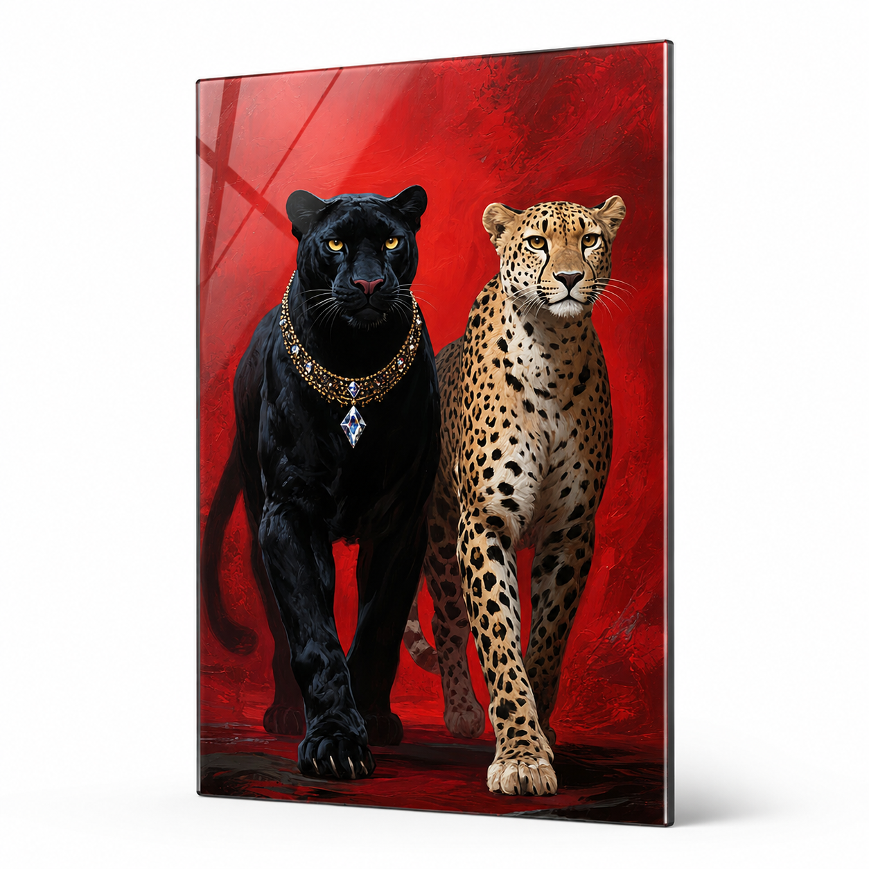 Siyah panter ve leopar dikey cam tablo beyaz zeminde sağ açı