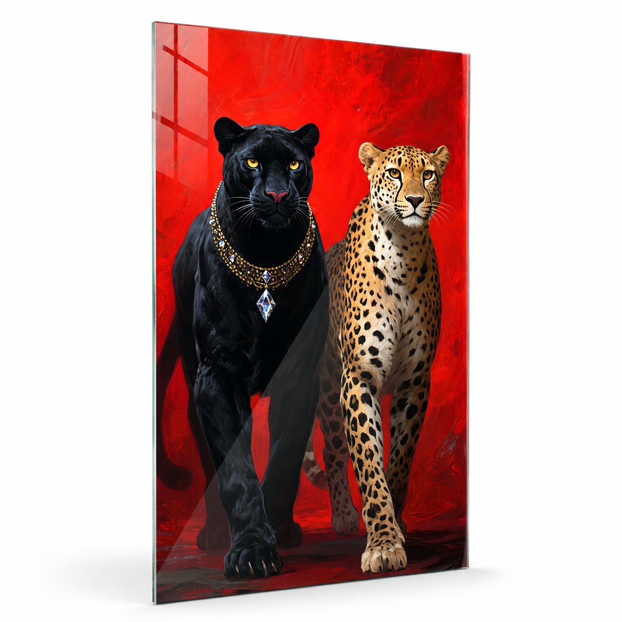 Siyah panter ve leopar dikey cam tablo beyaz zeminde sol açı