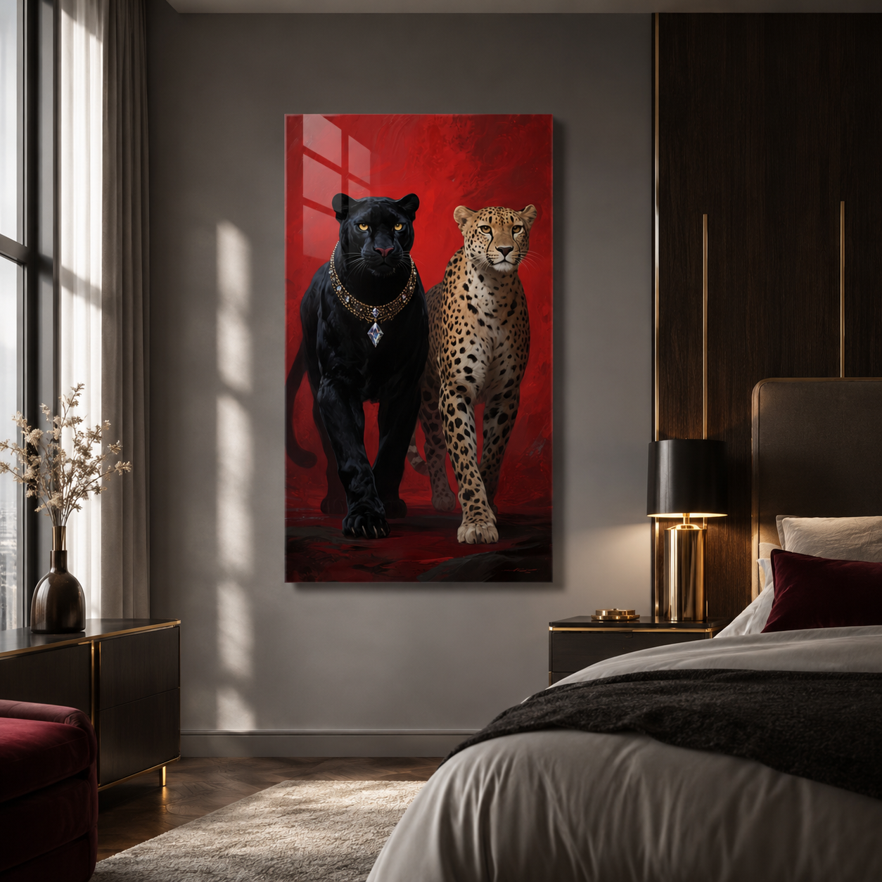 Siyah panter ve leopar dikey cam tablo modern yatak odası mockup