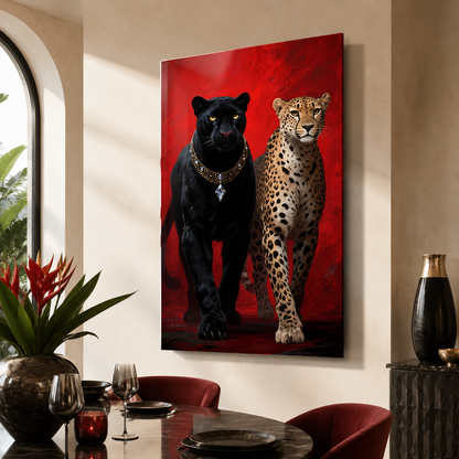 Siyah panter ve leopar dikey cam tablo modern yemek alanı mockup