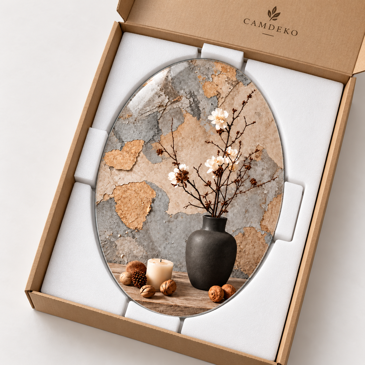 Siyah Vazoda Beyaz Çiçekler Dikey Oval Cam Tablo - Koruyucu paketleme