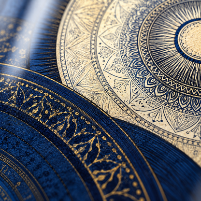 Lacivert ve Altın Motifli Daireler Şekilli Kesim Cam Tablo — UV baskı detayı