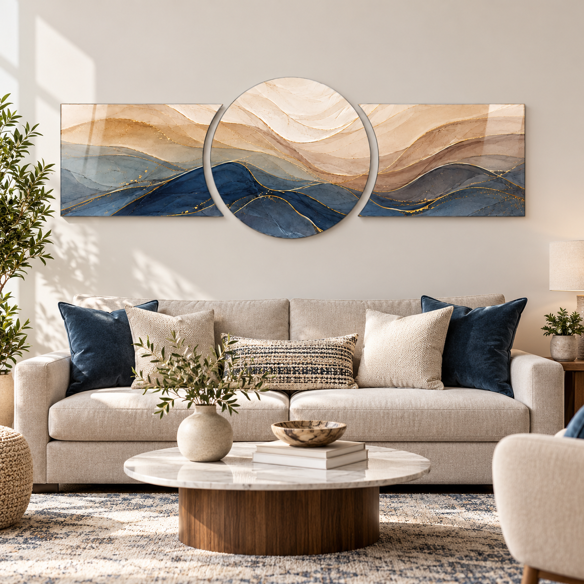 Mavi ve Bej Altın Damarlı Dalgalar Şekilli Kesim Cam Tablo — Salon