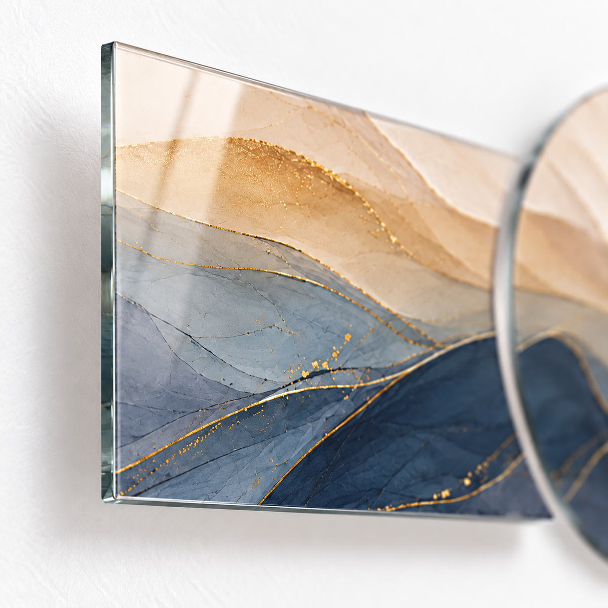 Mavi ve Bej Altın Damarlı Dalgalar Şekilli Kesim Cam Tablo — 4 mm cam kenarı