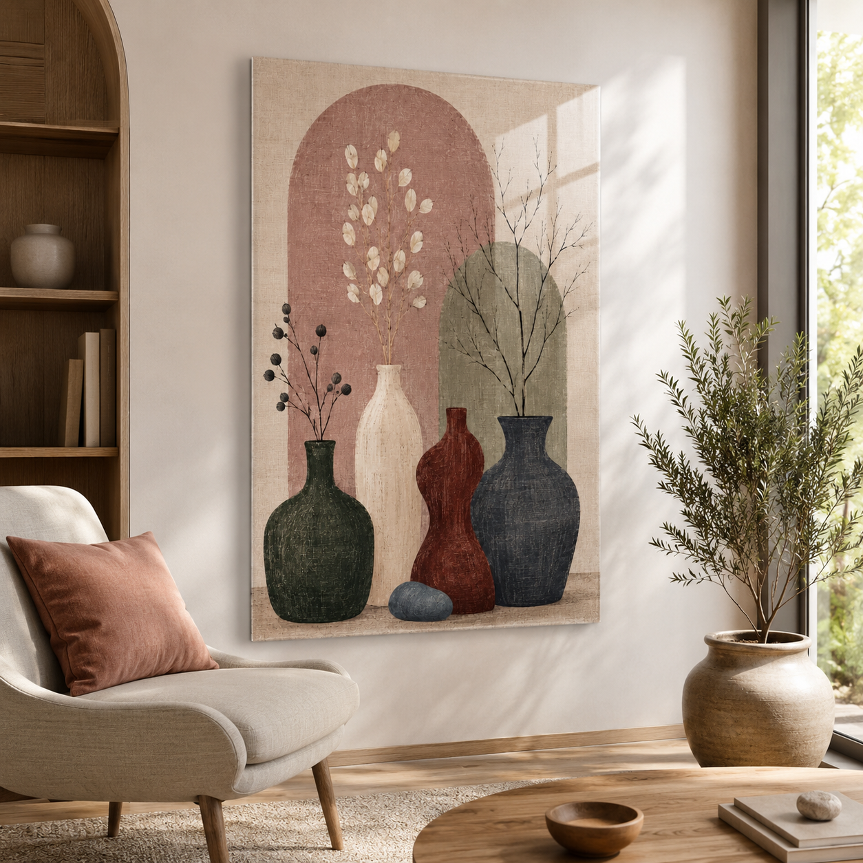 Soyut vazolar ve botanik desenli dikey cam tablo sıcak tonlu modern salon mockup