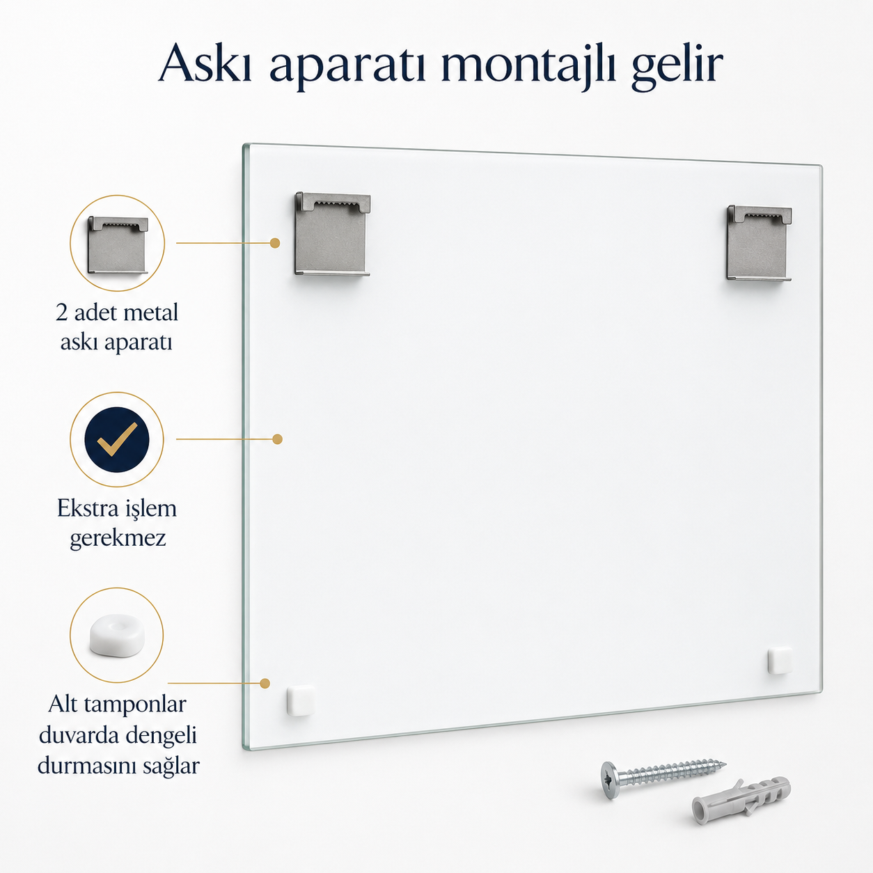 Beyaz arka yüzeyde iki adet montajlı metal askı aparatı ve beyaz alt tamponlar