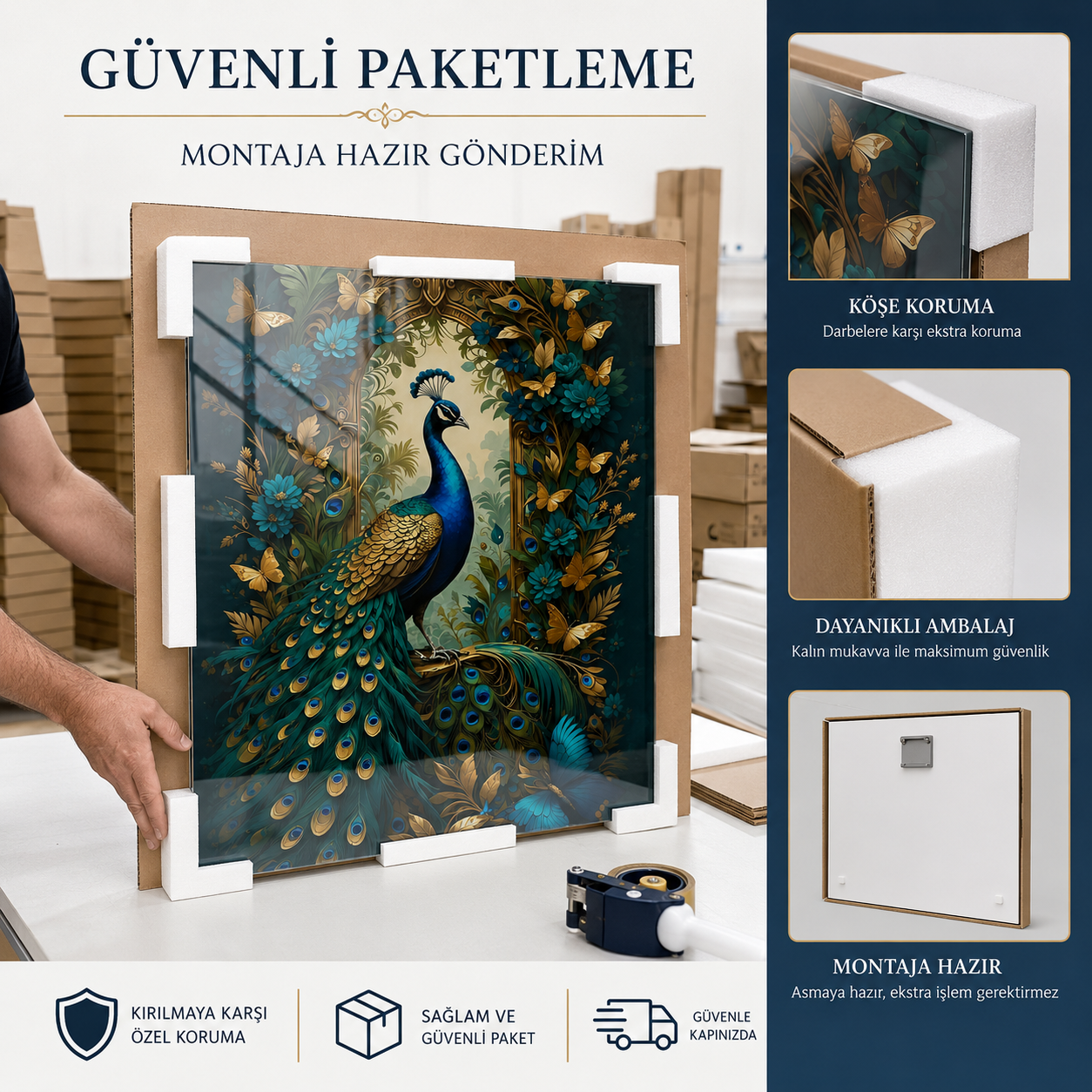 Tavus kuşu cam tablo güvenli paketleme ve montaja hazır gönderim
