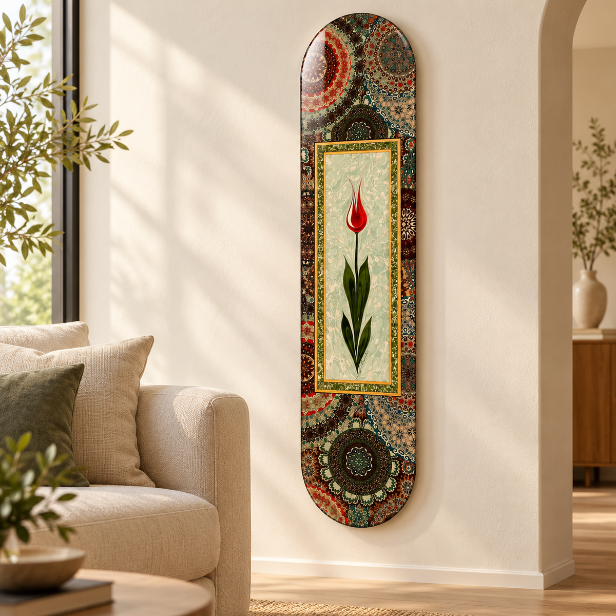 Tezhip Desenli Kırmızı Lale Dikey Skate Board Cam Tablo – Salon