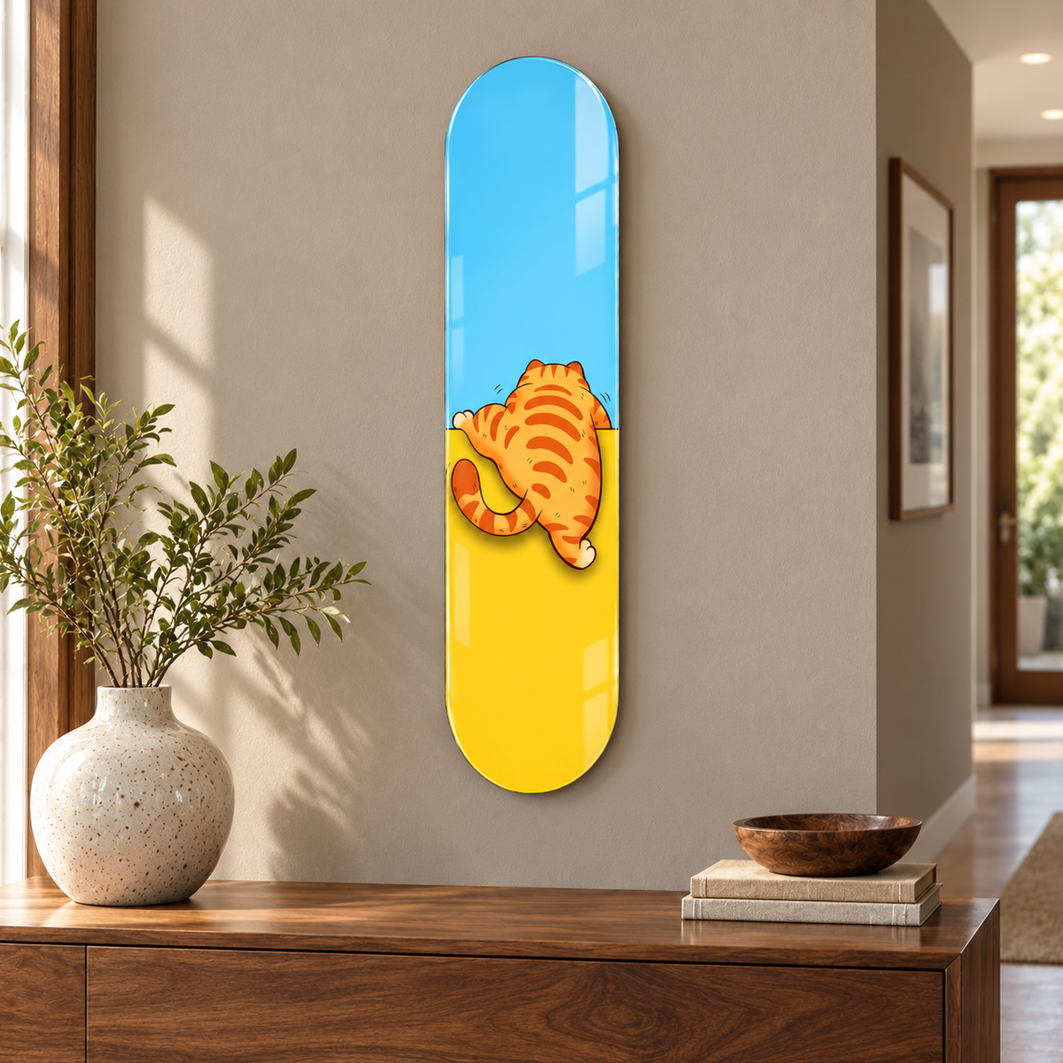 Tırmanan turuncu kedi dikey skateboard cam tablo - antre dekorasyonu